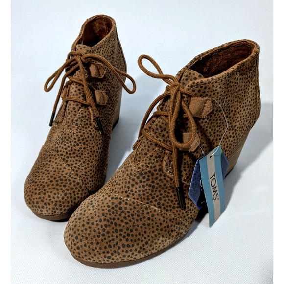 Toms Animal Print Lace Up Wedge He Booties Size 7.5 Brown Mocha Camel - Picture 1 of 10